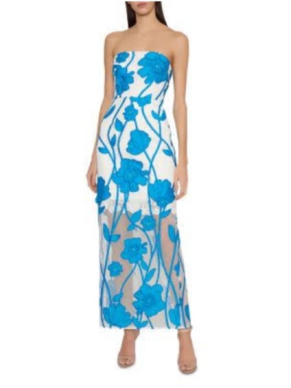 Milly Strapless White Dress with Bright Blue Floral Appliqué